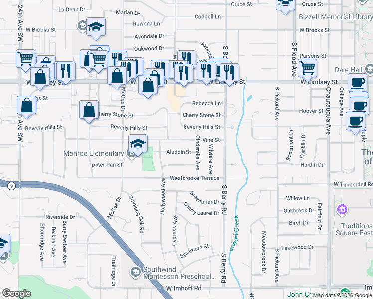 map of restaurants, bars, coffee shops, grocery stores, and more near 1415 Aladdin Street in Norman