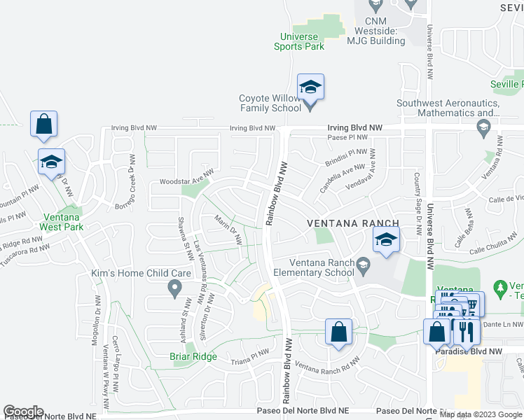 map of restaurants, bars, coffee shops, grocery stores, and more near 7305 Tolleson Avenue Northwest in Albuquerque