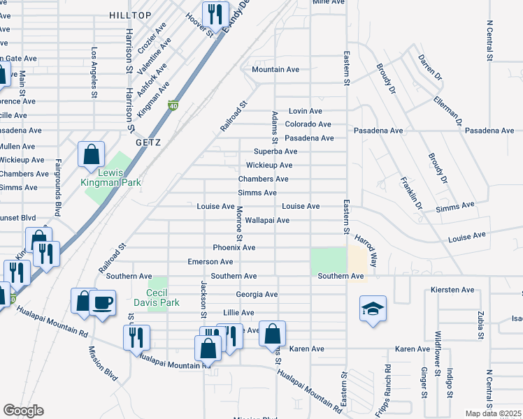 map of restaurants, bars, coffee shops, grocery stores, and more near 2630 Louise Avenue in Kingman