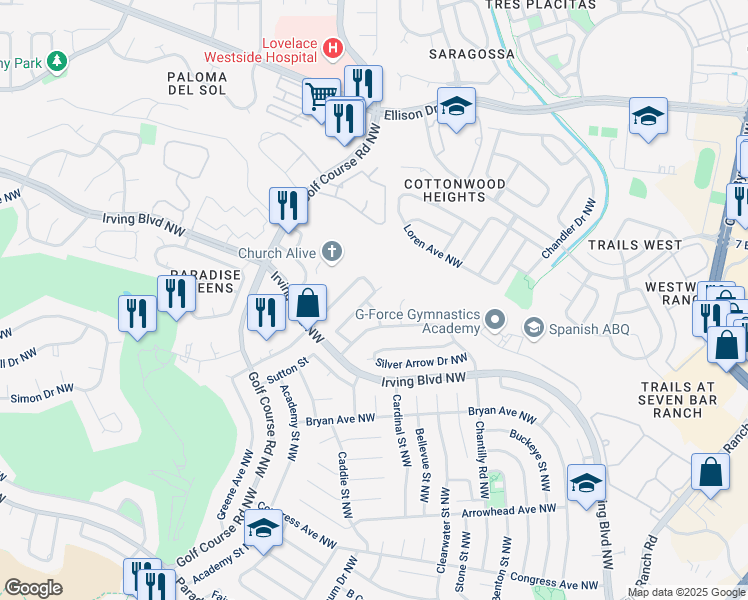 map of restaurants, bars, coffee shops, grocery stores, and more near 10212 Pandora Lane Northwest in Albuquerque