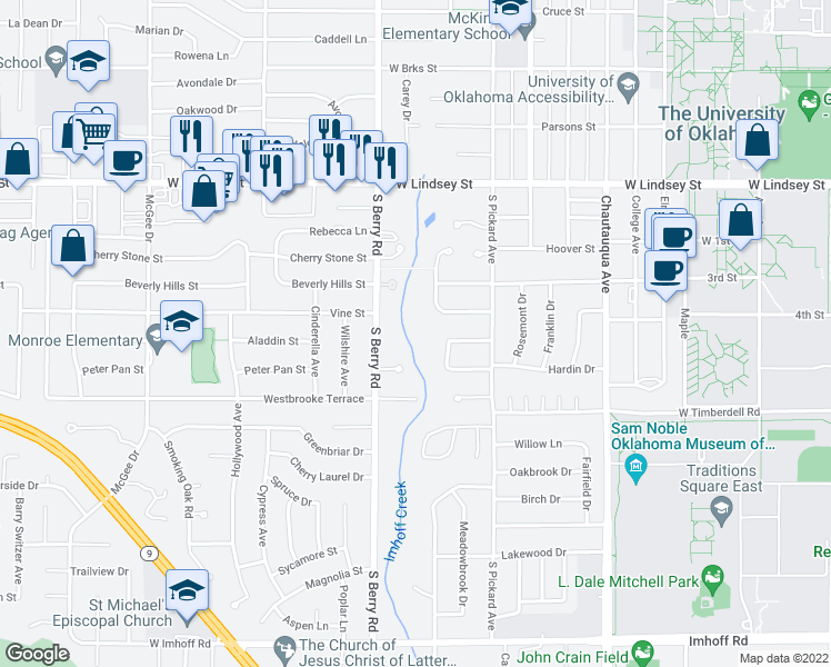 map of restaurants, bars, coffee shops, grocery stores, and more near 1101 Woodland Dr in Norman