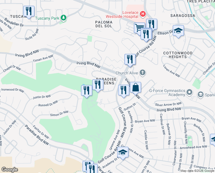 map of restaurants, bars, coffee shops, grocery stores, and more near 4801 Spring Vale Road Northwest in Albuquerque