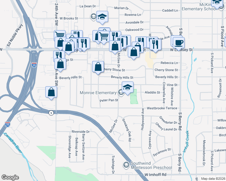 map of restaurants, bars, coffee shops, grocery stores, and more near 1813 Aladdin Street in Norman