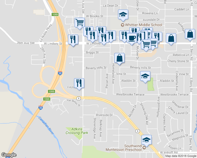 map of restaurants, bars, coffee shops, grocery stores, and more near 1508 Southern Heights Avenue in Norman