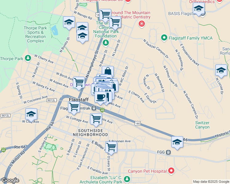 map of restaurants, bars, coffee shops, grocery stores, and more near 211 North WC Riles Street in Flagstaff