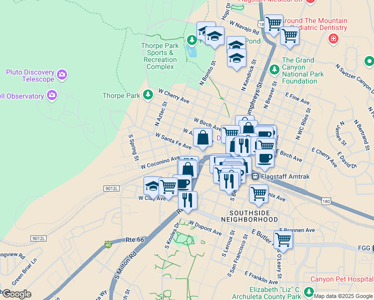 map of restaurants, bars, coffee shops, grocery stores, and more near 501 West Santa Fe Avenue in Flagstaff