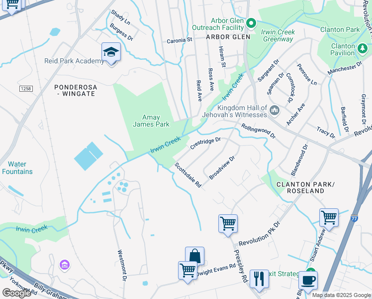 map of restaurants, bars, coffee shops, grocery stores, and more near 4017 Whitehurst Road in Charlotte