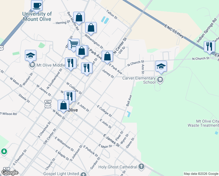 map of restaurants, bars, coffee shops, grocery stores, and more near 610 North Church Street in Mount Olive