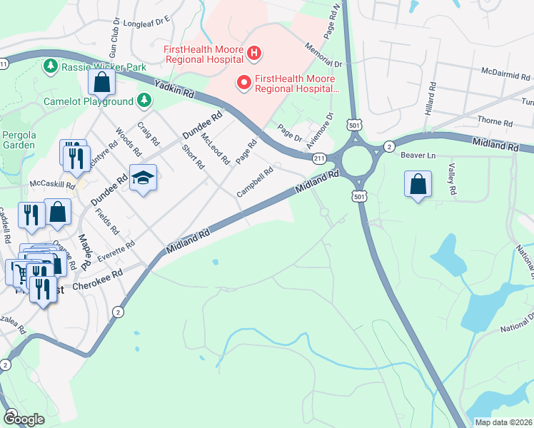 map of restaurants, bars, coffee shops, grocery stores, and more near 220 Midland Road in Pinehurst