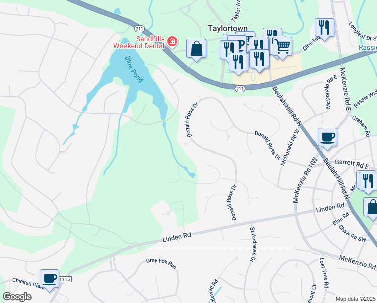 map of restaurants, bars, coffee shops, grocery stores, and more near 3 Ouimet Lane in Pinehurst