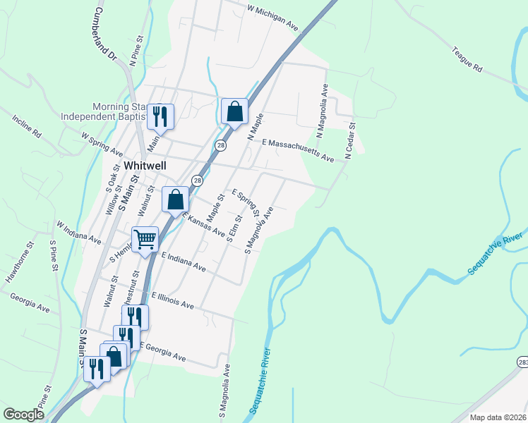 map of restaurants, bars, coffee shops, grocery stores, and more near 226 Magnolia Lane in Whitwell