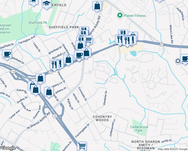 map of restaurants, bars, coffee shops, grocery stores, and more near 2913 Iron Gate Lane in Charlotte