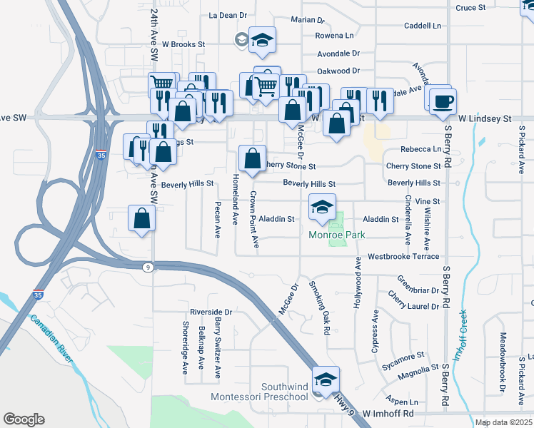 map of restaurants, bars, coffee shops, grocery stores, and more near 1915 Aladdin Street in Norman