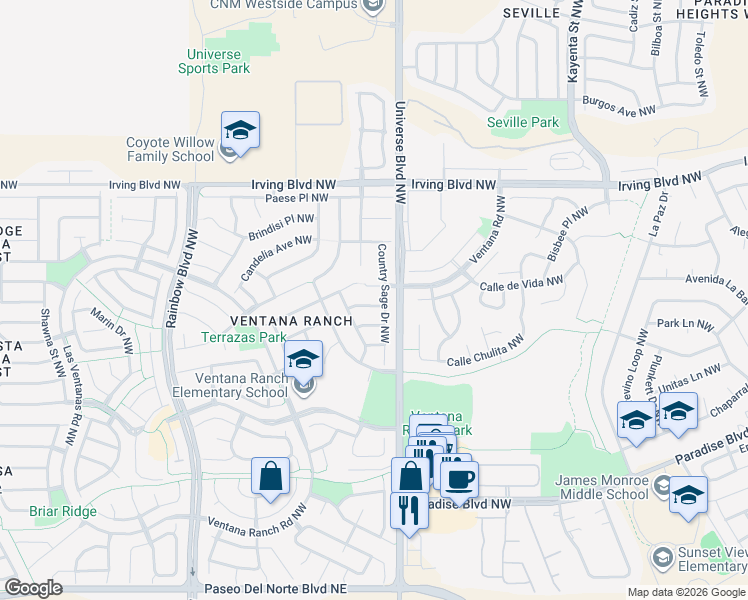 map of restaurants, bars, coffee shops, grocery stores, and more near 10268 Country Sage Drive Northwest in Albuquerque