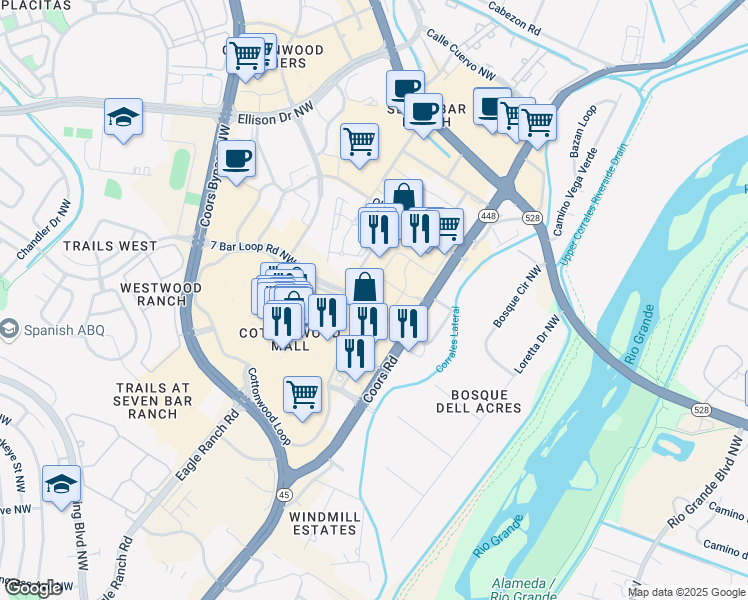 map of restaurants, bars, coffee shops, grocery stores, and more near 3409 7 Bar Loop Road Northwest in Albuquerque