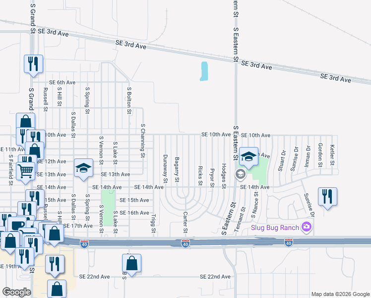 map of restaurants, bars, coffee shops, grocery stores, and more near 1017 Bagarry Street in Amarillo