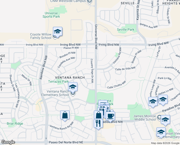 map of restaurants, bars, coffee shops, grocery stores, and more near 10268 Country Sage Drive Northwest in Albuquerque