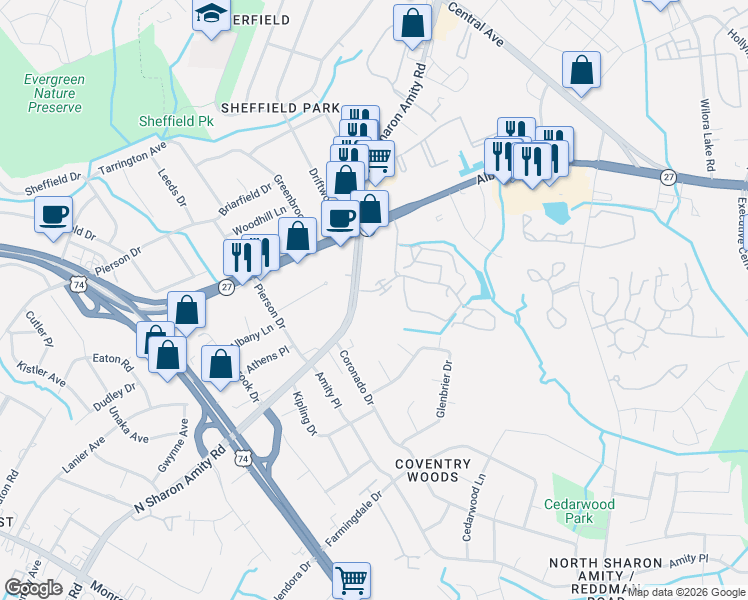 map of restaurants, bars, coffee shops, grocery stores, and more near 5204 Amity Springs Drive in Charlotte