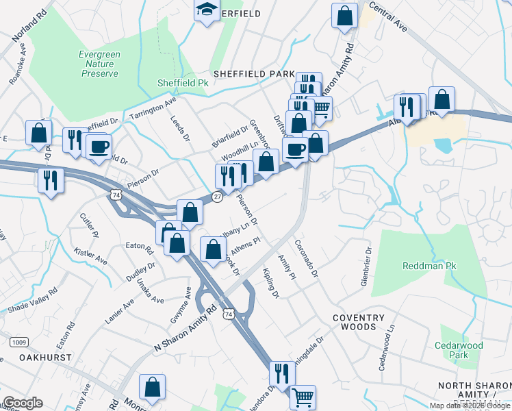 map of restaurants, bars, coffee shops, grocery stores, and more near 1535 Pierson Drive in Charlotte