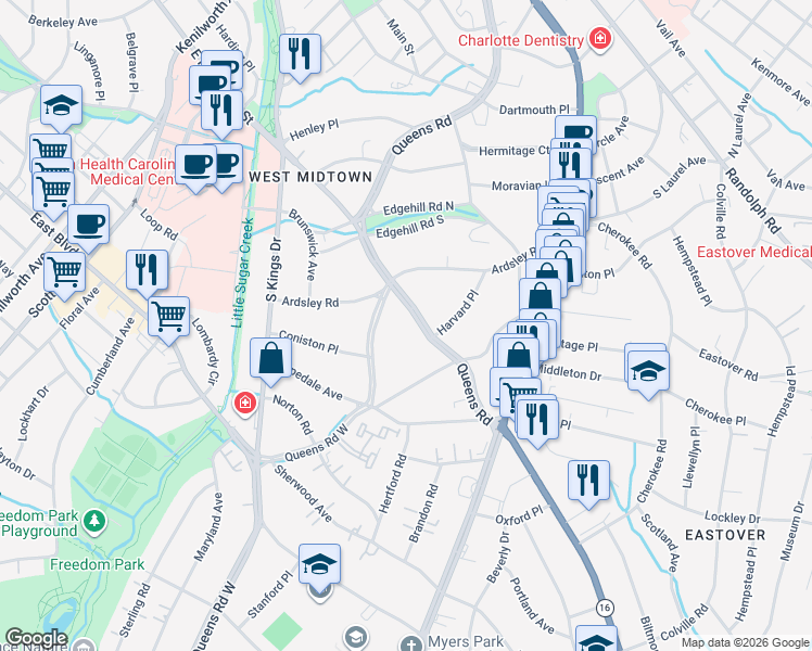 map of restaurants, bars, coffee shops, grocery stores, and more near 1198 Queens Road in Charlotte