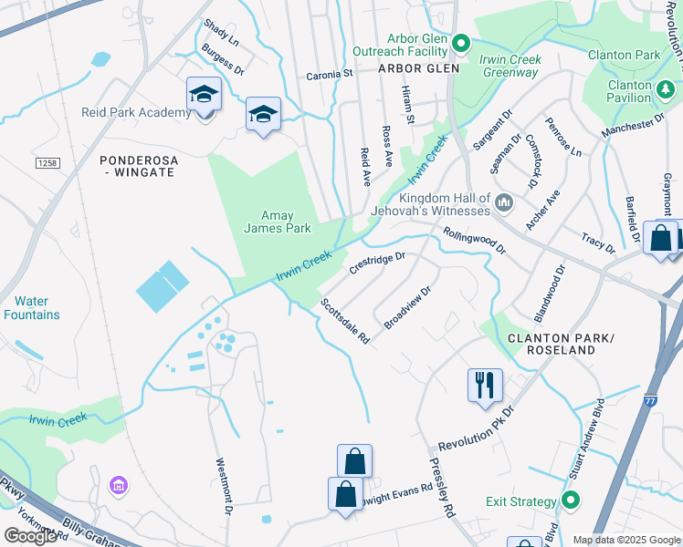 map of restaurants, bars, coffee shops, grocery stores, and more near 4017 Whitehurst Road in Charlotte