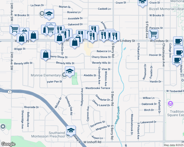 map of restaurants, bars, coffee shops, grocery stores, and more near 1421 Aladdin Street in Norman