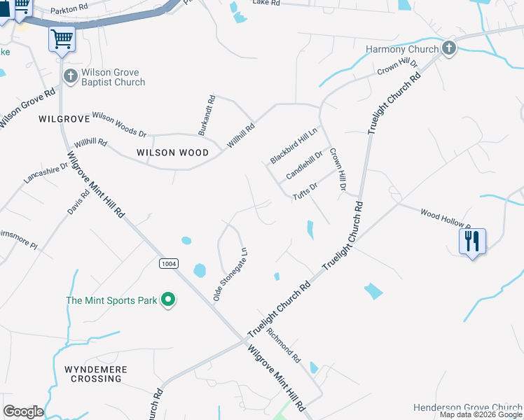 map of restaurants, bars, coffee shops, grocery stores, and more near 8746 Mullis Forest Court in Mint Hill