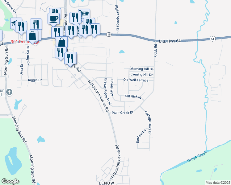 map of restaurants, bars, coffee shops, grocery stores, and more near 2697 Long Shadow Lane in Memphis