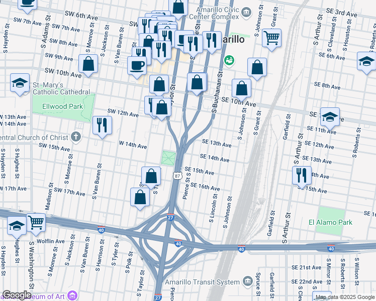 map of restaurants, bars, coffee shops, grocery stores, and more near 1322 South Pierce Street in Amarillo