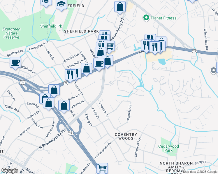 map of restaurants, bars, coffee shops, grocery stores, and more near 5204 Amity Springs Drive in Charlotte