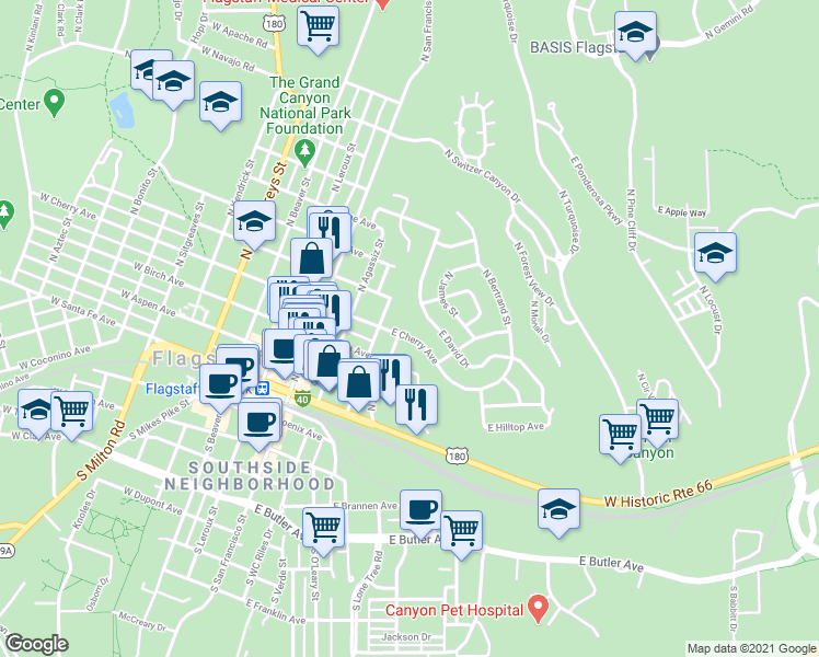 map of restaurants, bars, coffee shops, grocery stores, and more near 404 East Cherry Avenue in Flagstaff