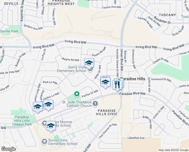 map of restaurants, bars, coffee shops, grocery stores, and more near 10138 Paseo Del Norte Northwest in Albuquerque