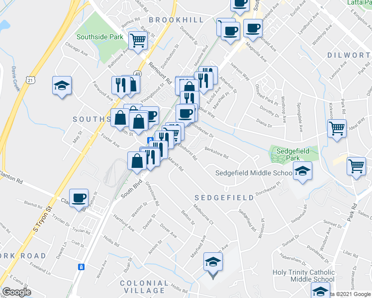 map of restaurants, bars, coffee shops, grocery stores, and more near Elmhurst Road & Haverford Place in Charlotte