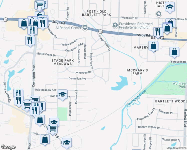 map of restaurants, bars, coffee shops, grocery stores, and more near 2693 Stage Park Drive in Memphis