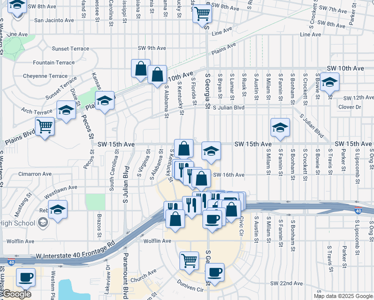map of restaurants, bars, coffee shops, grocery stores, and more near 2805 Southwest 15th Avenue in Amarillo