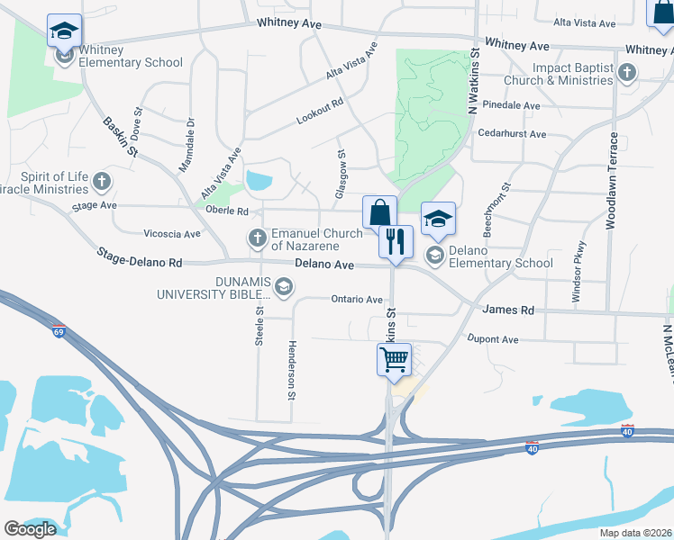 map of restaurants, bars, coffee shops, grocery stores, and more near 1603 Delano Avenue in Memphis