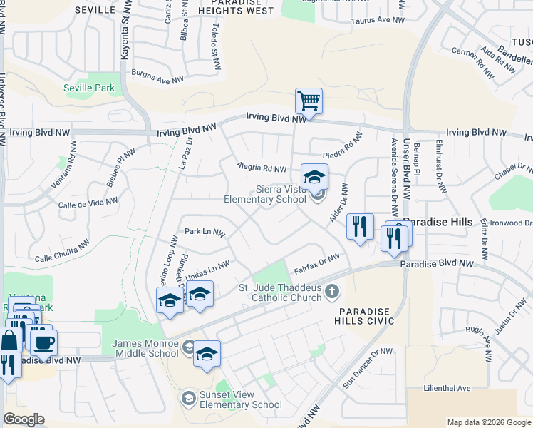 map of restaurants, bars, coffee shops, grocery stores, and more near 5818 Delbert Avenue Northwest in Albuquerque