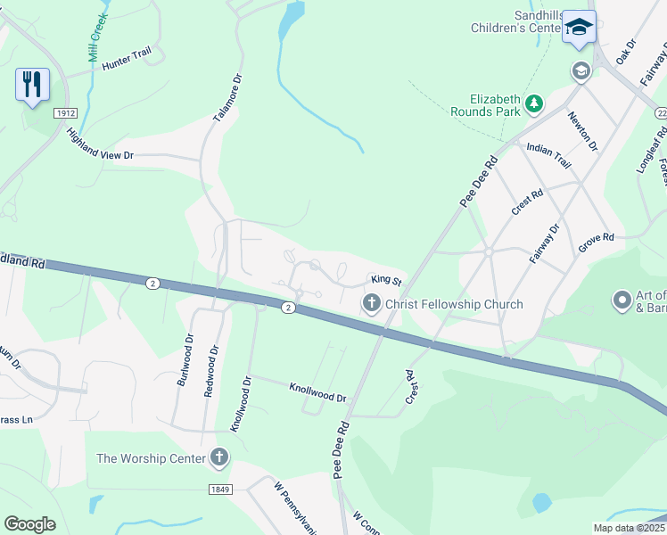 map of restaurants, bars, coffee shops, grocery stores, and more near 63 Manigault Place in Southern Pines
