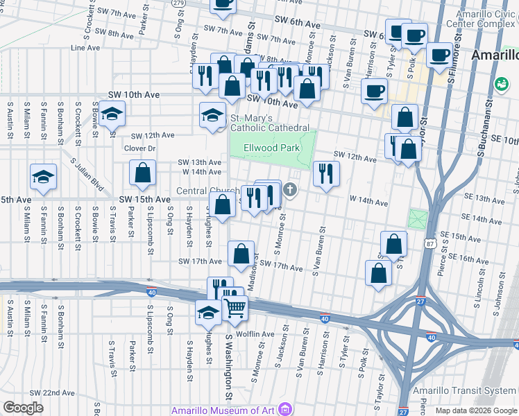 map of restaurants, bars, coffee shops, grocery stores, and more near 701 Southwest 15th Avenue in Amarillo