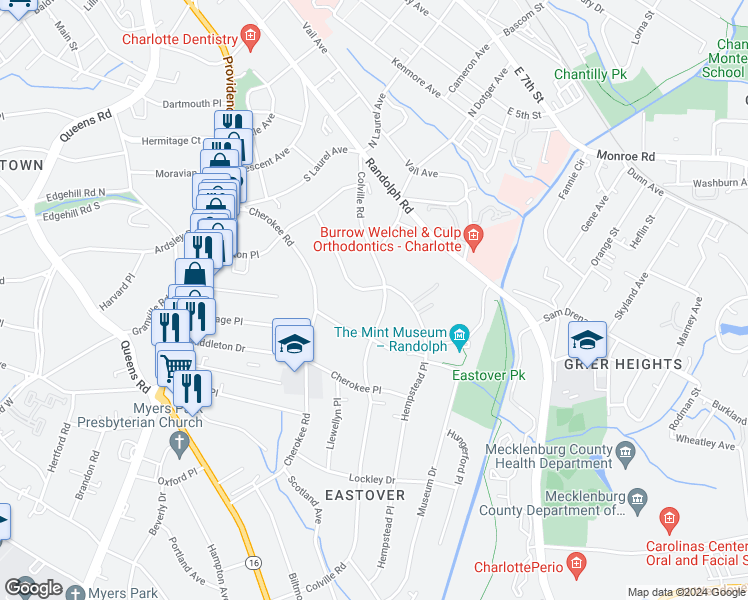 map of restaurants, bars, coffee shops, grocery stores, and more near 338 Hempstead Place in Charlotte