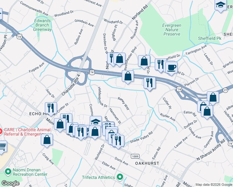 map of restaurants, bars, coffee shops, grocery stores, and more near in Charlotte