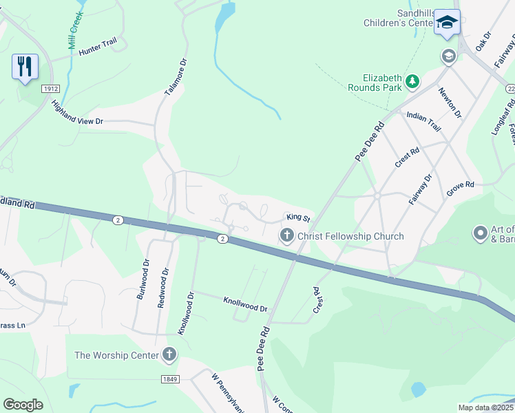 map of restaurants, bars, coffee shops, grocery stores, and more near 63 Manigault Place in Southern Pines