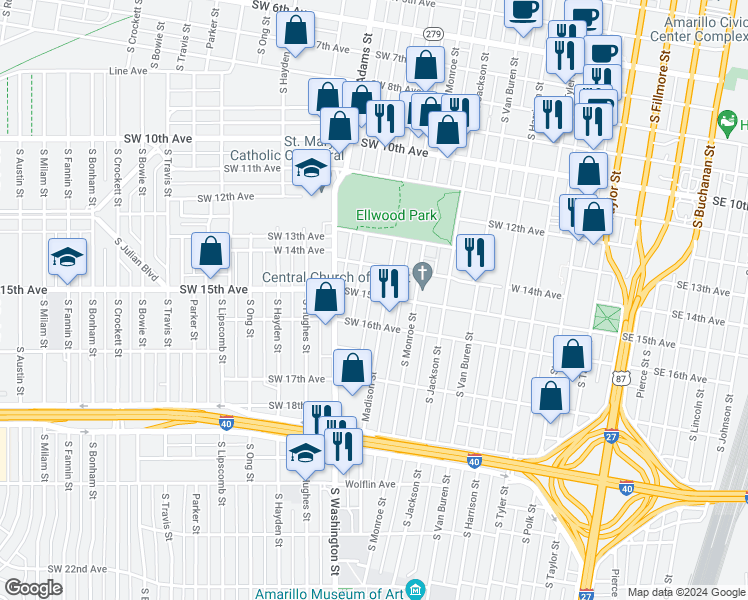 map of restaurants, bars, coffee shops, grocery stores, and more near 1502 Madison Street in Amarillo