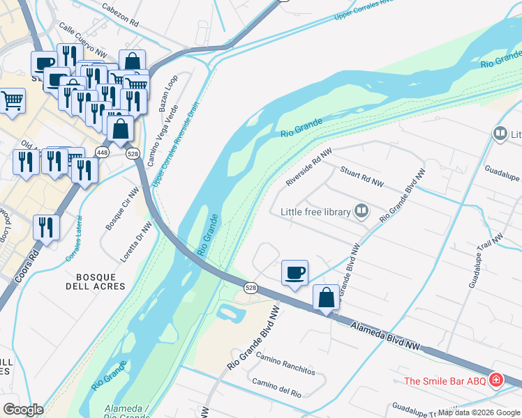 map of restaurants, bars, coffee shops, grocery stores, and more near 1252 Western Meadows Road Northwest in Albuquerque