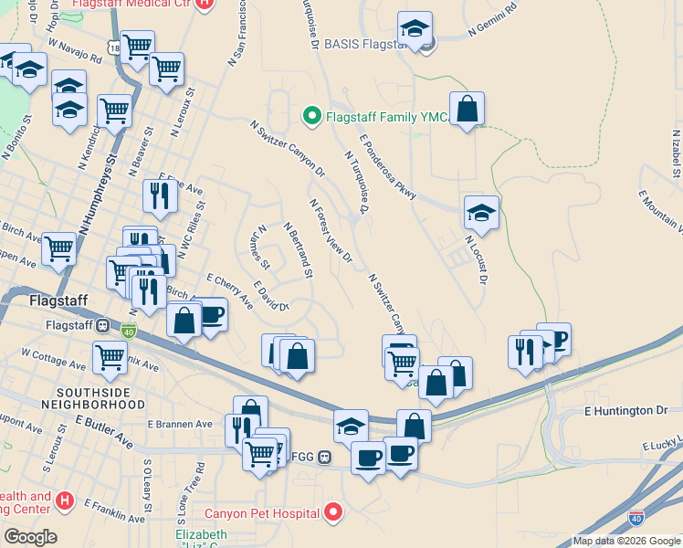 map of restaurants, bars, coffee shops, grocery stores, and more near 480 North Moriah Drive in Flagstaff