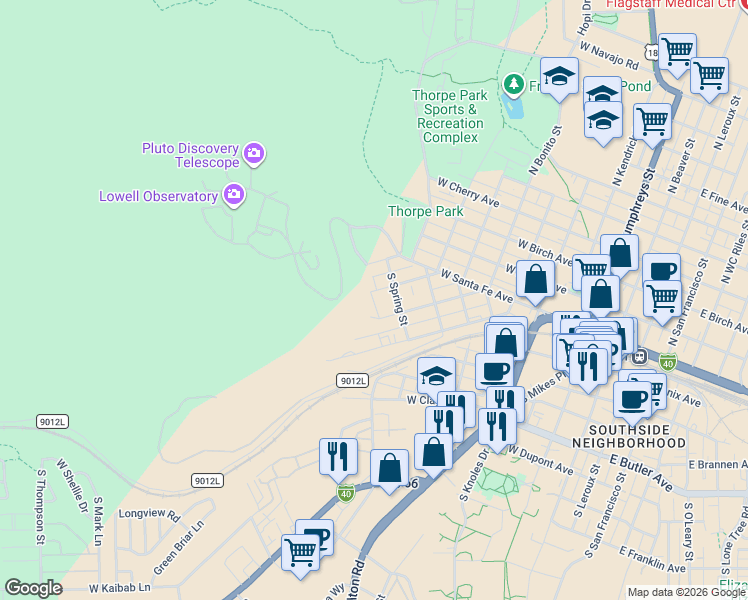 map of restaurants, bars, coffee shops, grocery stores, and more near 908 West Grand Canyon Avenue in Flagstaff