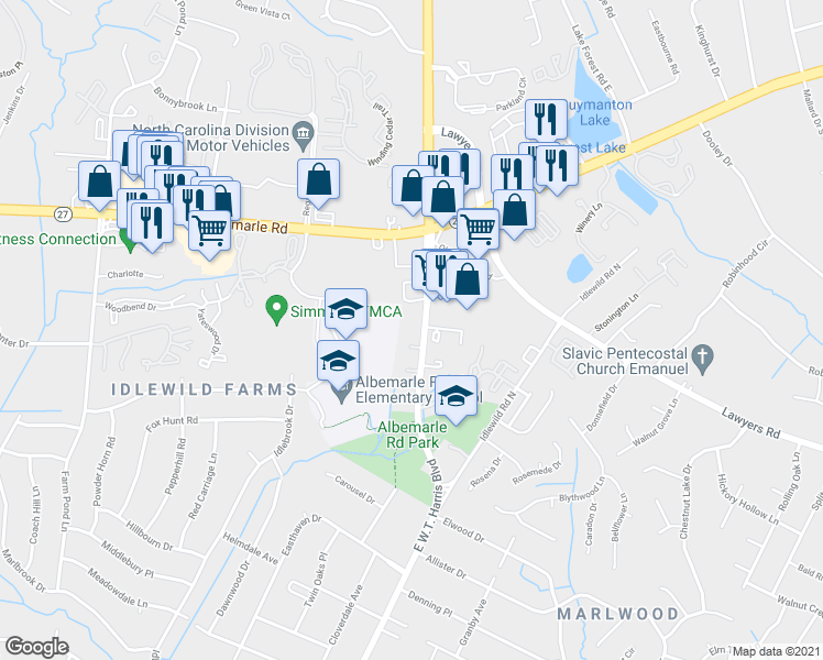 map of restaurants, bars, coffee shops, grocery stores, and more near 8926 East W.T. Harris Boulevard in Charlotte