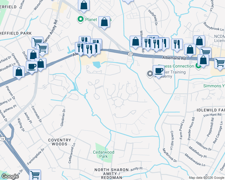 map of restaurants, bars, coffee shops, grocery stores, and more near 6045 Treetop Court in Charlotte