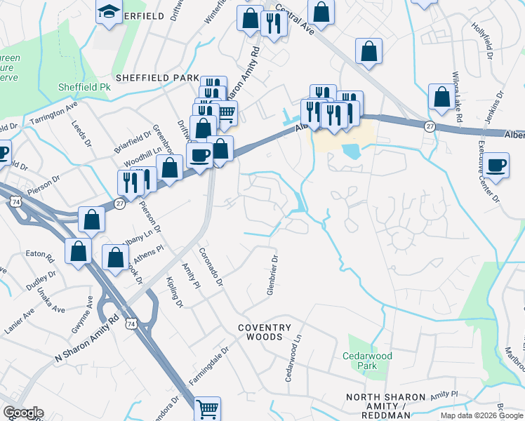 map of restaurants, bars, coffee shops, grocery stores, and more near in Charlotte