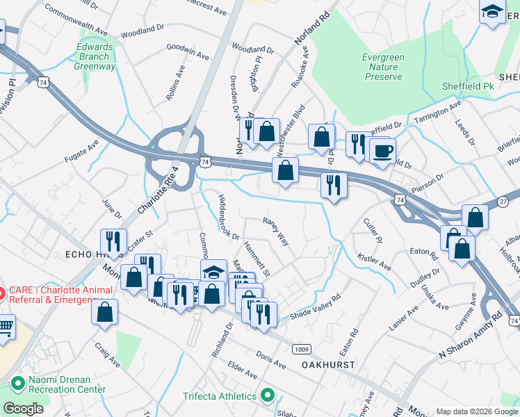 map of restaurants, bars, coffee shops, grocery stores, and more near in Charlotte